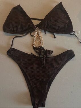 Brown Textured Triangle Bikini Set with Gold Accent